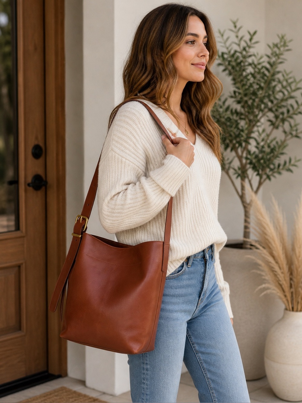 Madewell Brown Genuine Leather Bucket Shoulder Bag Tote